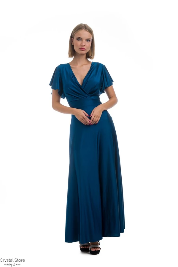 Ujjas vékony szatén maxiruha, petrolkék