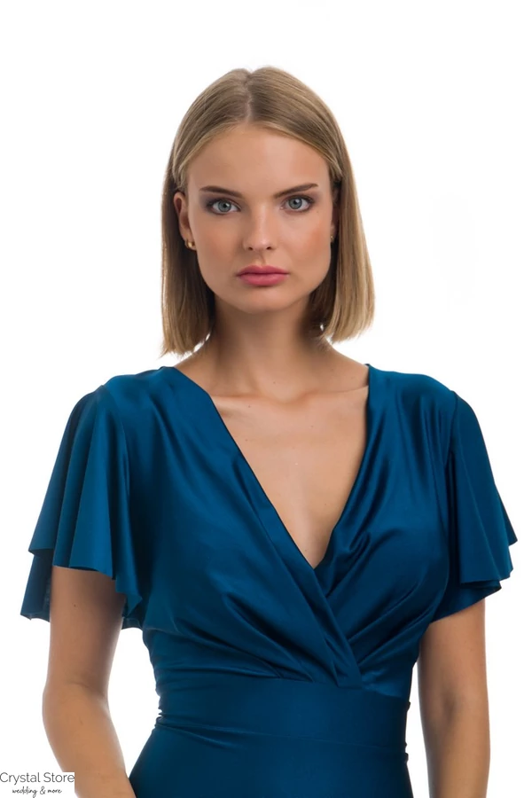 Ujjas vékony szatén maxiruha, petrolkék