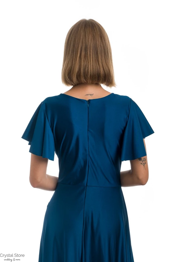 Ujjas vékony szatén maxiruha, petrolkék