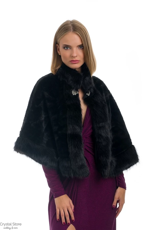 Magasnyakú szőrmés pelerin, fekete