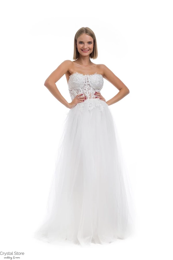 Pánt nélküli míderes tüllös menyasszonyi ruha S-M