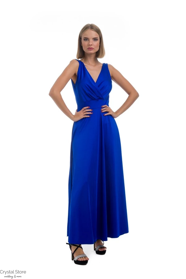 Vastag pántos, A-vonalú, vékony szatén maxiruha, királykék