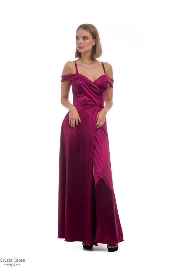 V-kivágott, ejtett vállú, A vonalú szatén maxiruha, bordó