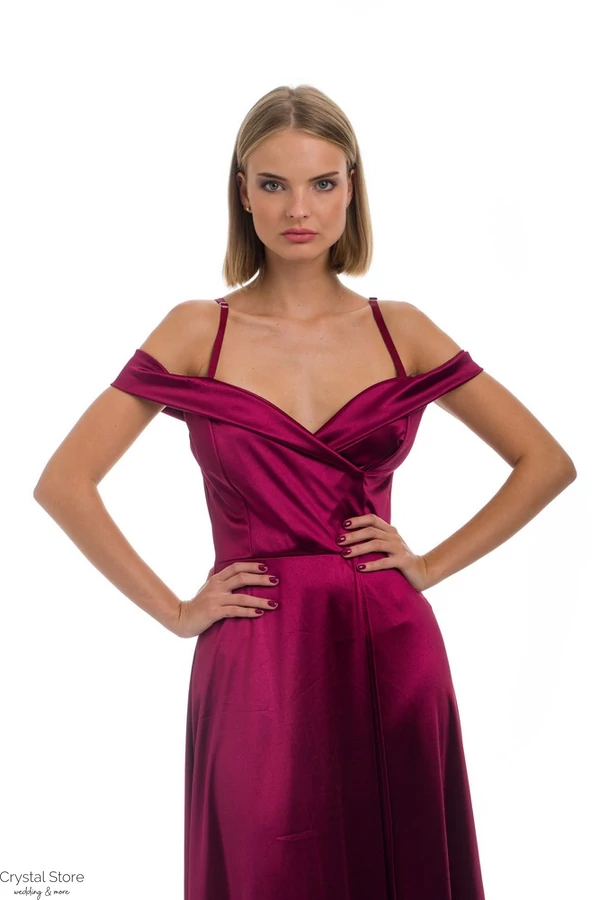 V-kivágott, ejtett vállú, A vonalú szatén maxiruha, bordó