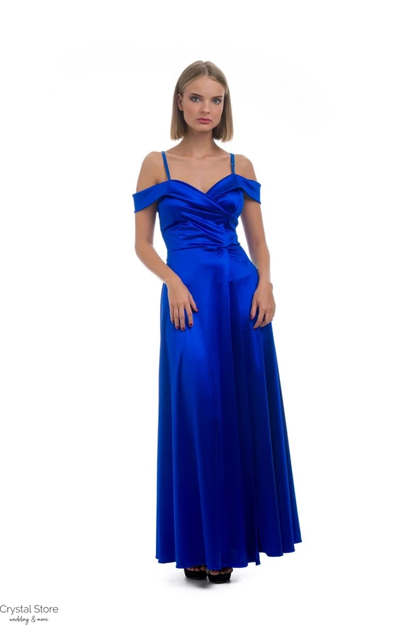 V-kivágott, ejtett vállú, A vonalú szatén maxiruha, királykék
